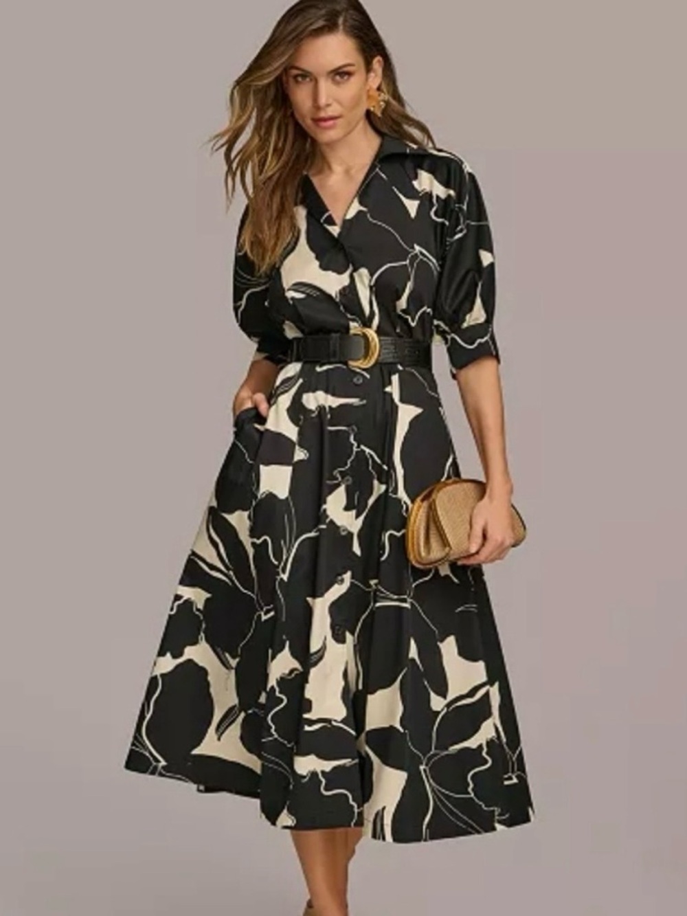 Donna Karan Black and Cream Floral Midi Shirt Dress with Belt